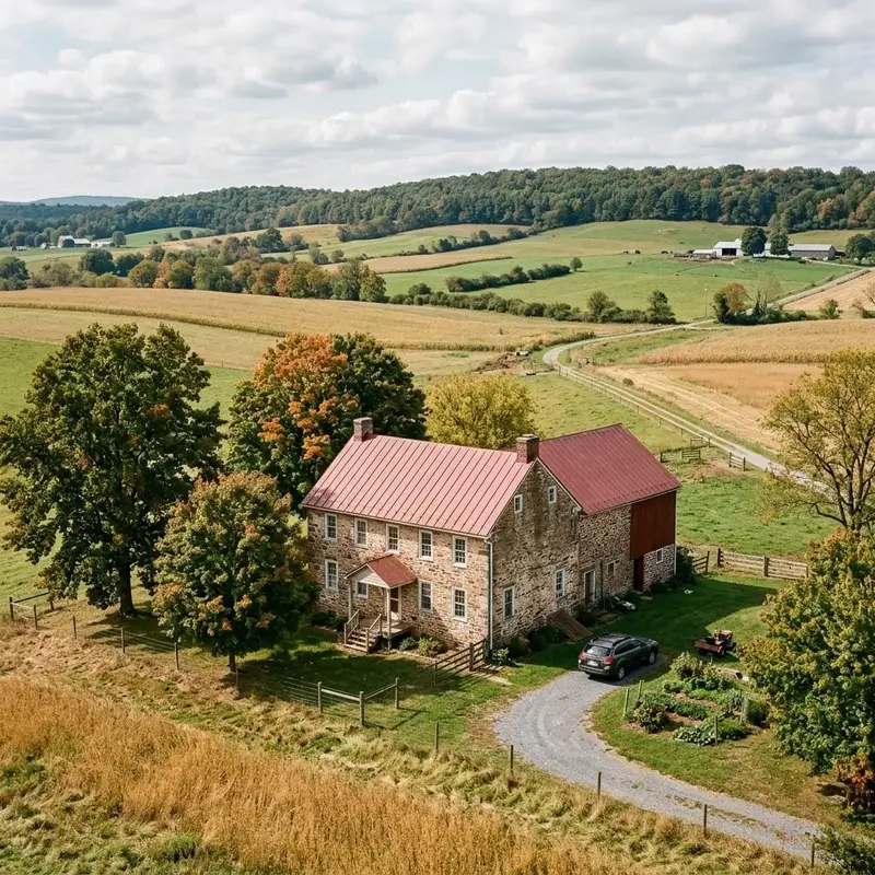 Stone farmhouse with a red standing seam metal roof beside open fields