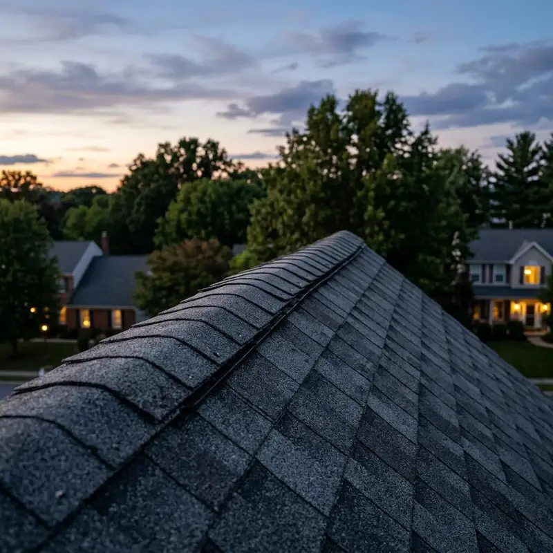 Ridge cap shingles finishing a hip roof at dusk
