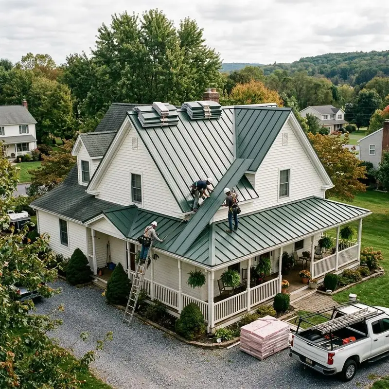 Crew installing dark green metal roof panels on a farmhouse style home