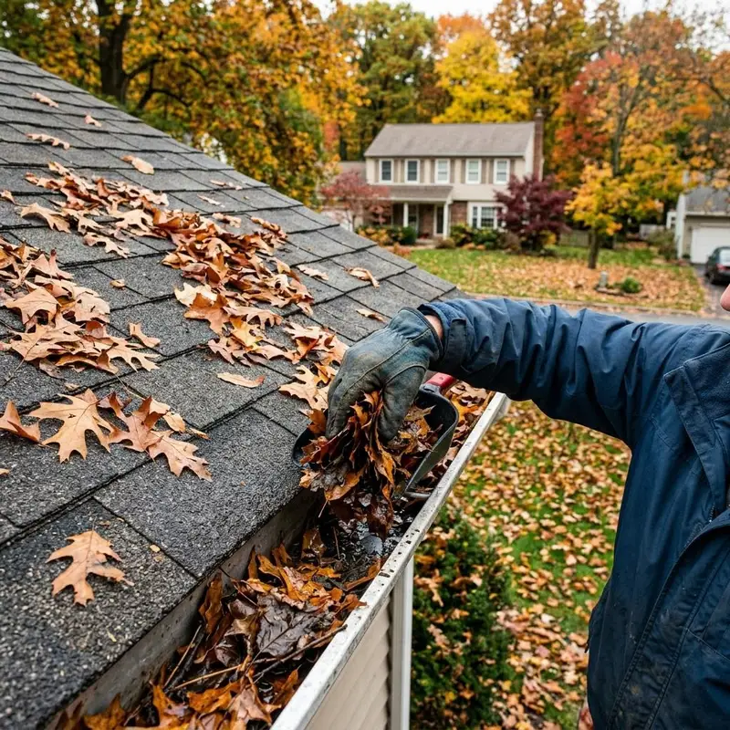 Gloved hand clearing autumn leaves from a gutter at the edge of a shingle roof