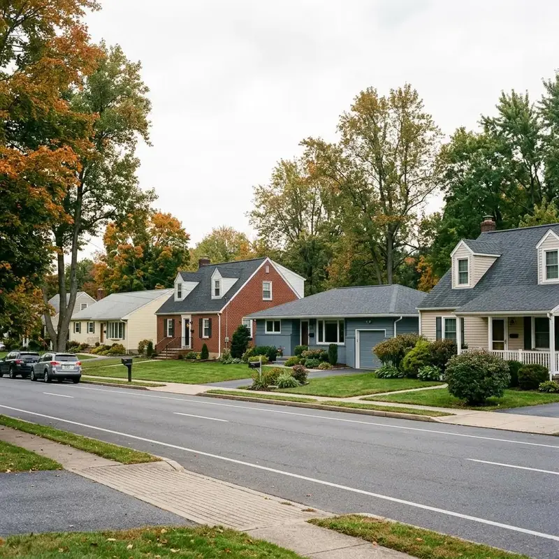 A row of suburban homes with cape cod and ranch style roofs seen from the street