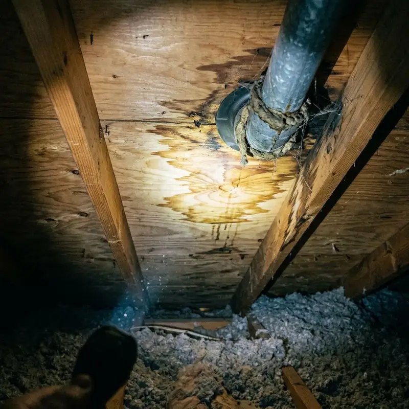 Flashlight beam in an attic revealing a water stain on roof decking around a vent pipe