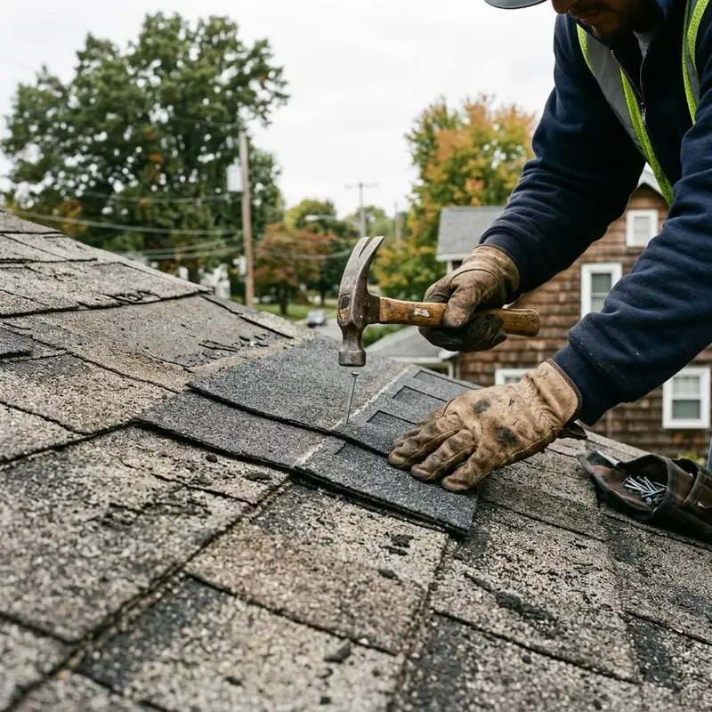 Gloved hands nailing a replacement asphalt shingle into a weathered roof