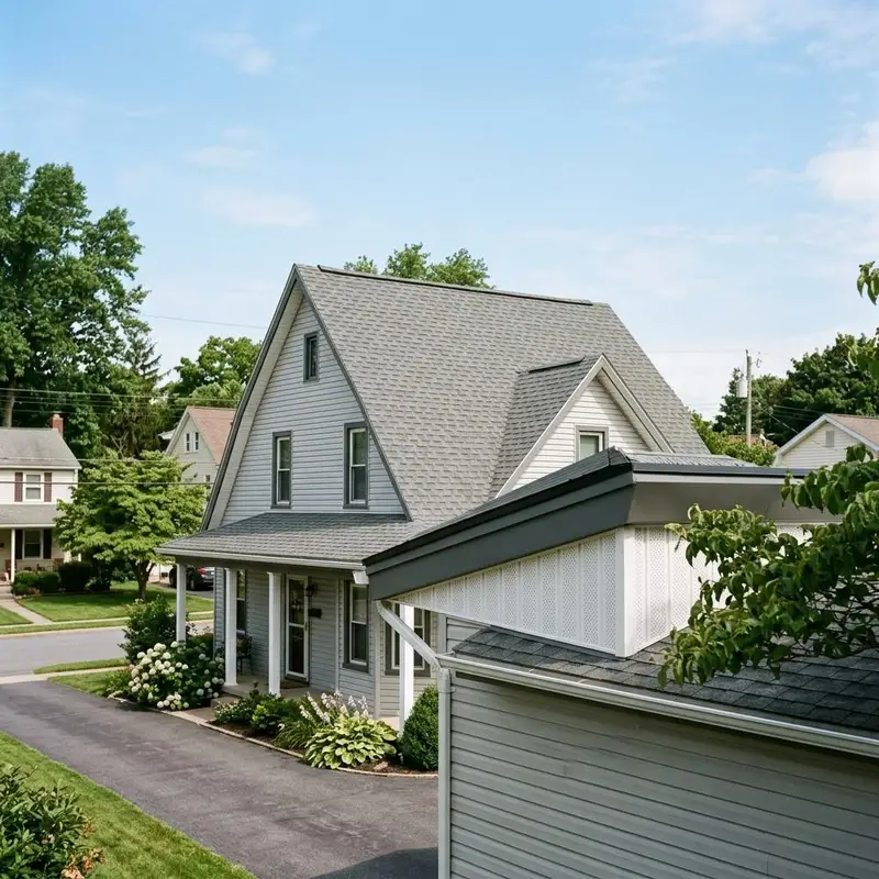 Continuous ridge vent along the peak of a gray shingle roof with soffit vents under the eaves