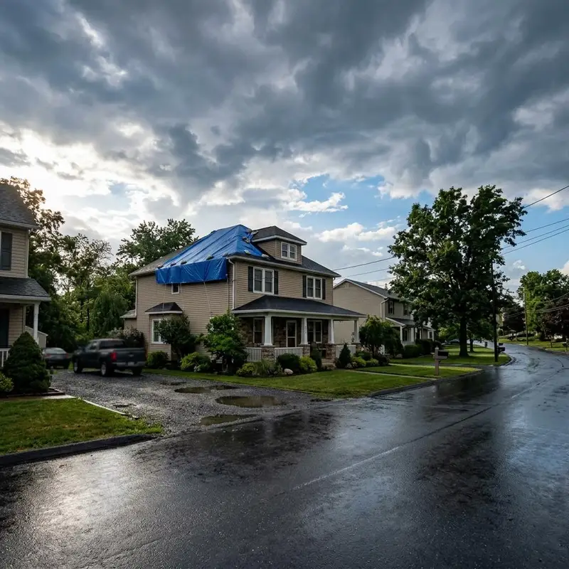 House after a thunderstorm with a blue tarp secured over part of the roof
