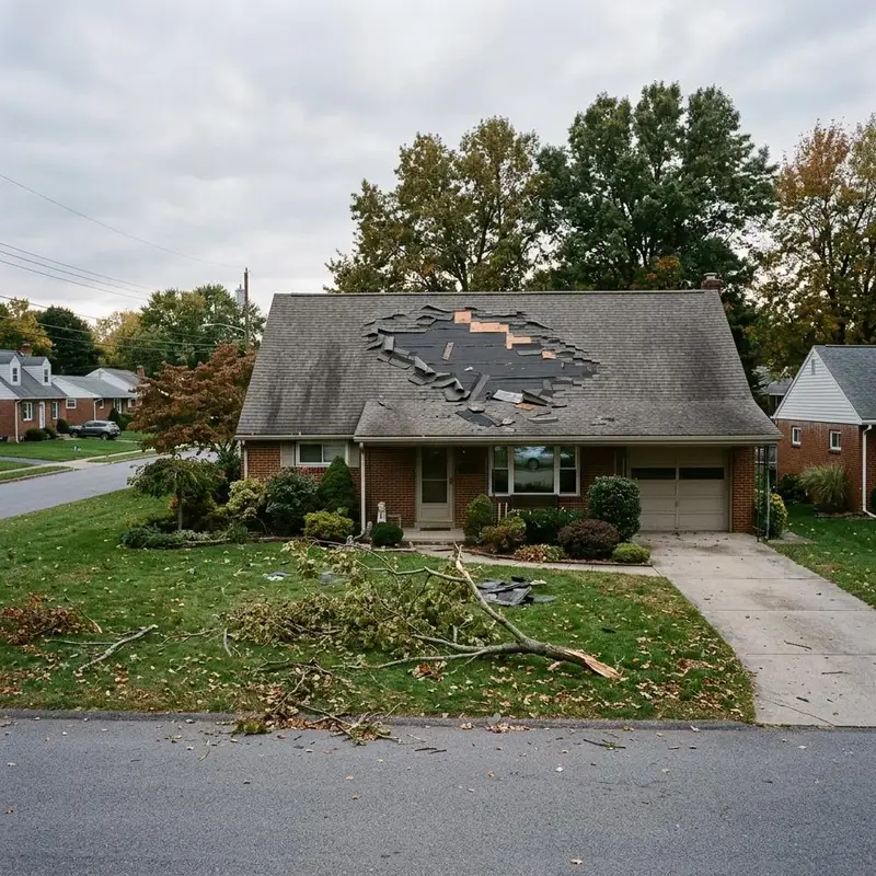 Missing and lifted shingles on a roof slope with exposed underlayment after a windstorm